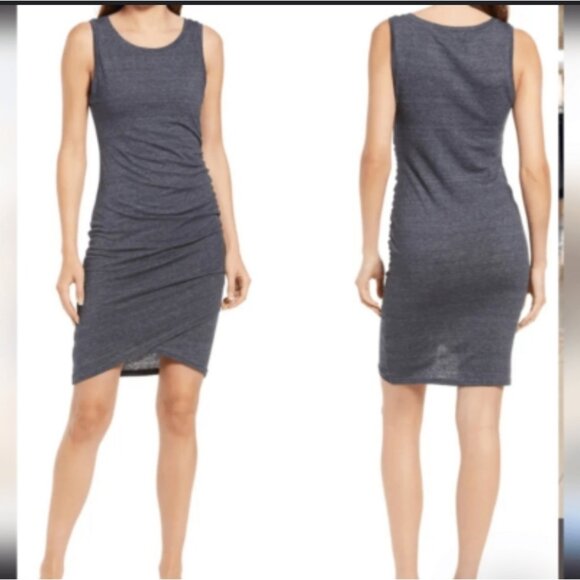 Leith Sleeveless Ruched Bodycon Dress Large Blue Heathered - Picture 1 of 7